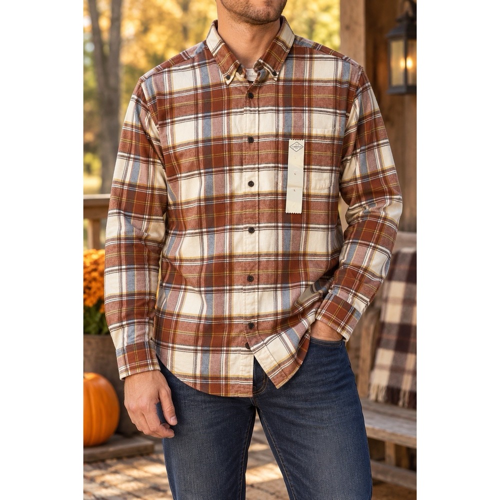 St. John's Bay Men's L Gingerbread Plaid Flannel Shirt Cotton NWT